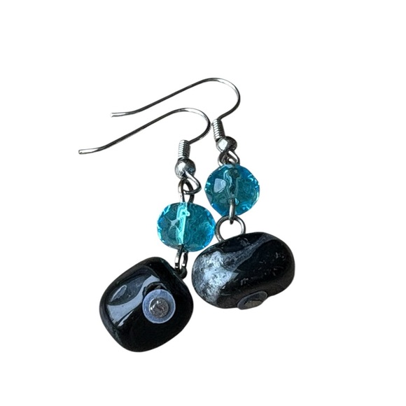 Blue Beaded Natural Stone Dangle Earrings Silver Tone - Picture 2 of 5